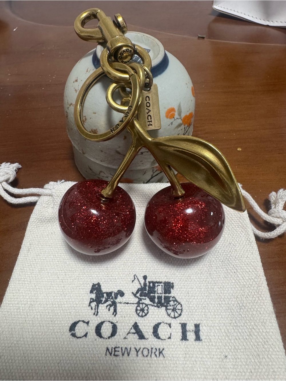 COACH Red Glitter Cherry Key Charm with Gold-Tone Stem